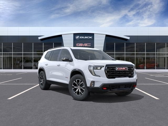 2026 GMC Acadia AT4 in Glacier White Tricoat — front three-quarter view